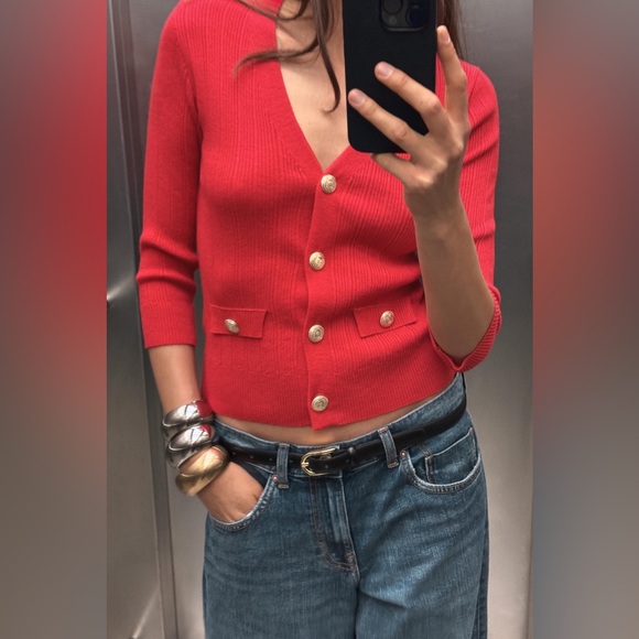 Zara Sweaters - ZARA V-neck Knit Cardigan w/ 3/4 sleeves in Gold Button Red Size M NEW
